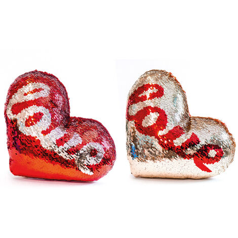 Set 2 Cuscino Arredo Forma Cuore Decorativo Imbottito Pajettes Scritta Love