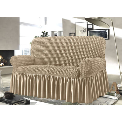 Copridivano Elasticizzato Arricciato Con Volants Tinta Unita Mod Luxory Beige, misura4 PosticoloreBeige