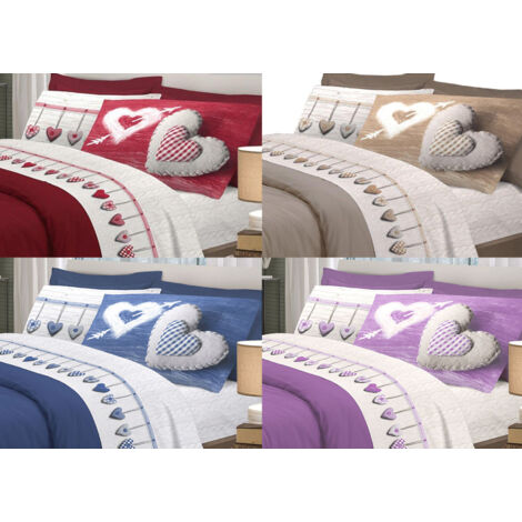 Completo Lenzuola Linea Pensieri Delicati 100% Cotone Disegno Cuore Appeso, misuraPiazza E MezzacoloreRosso