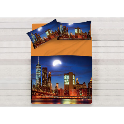 Lenzuola Copriletto Letto Sogni D'oro 100% Cotone Disegno City Moon D69, misuraSingolocoloreCity Moon D69