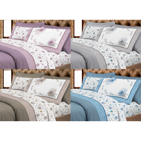 Completo Lenzuola Letto Flanella Calda 100% Cotone Disegno Fiori 8284, misuraMatrimonialecoloreRosa