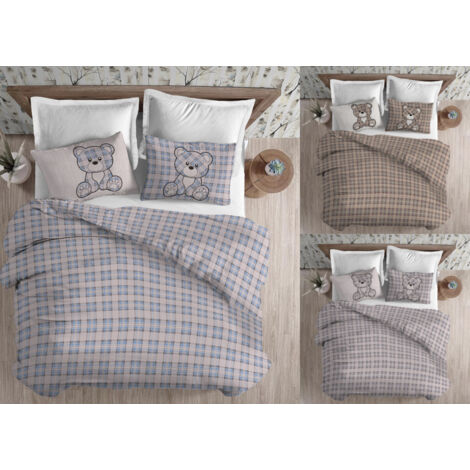 Copripiumino Sacco Piumone Cotone Flanella Pensieri Delicati Orsetto Tartan, misuraSingolocoloreGrigio (1/5)