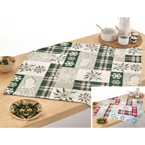 Tovaglia Pasqua Centrino Runner Tavola Fantasia Edelweiss Cervo Made Italy, misura90x90coloreVerde