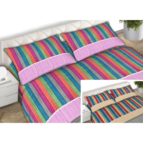 Completo Lenzuola 100% Cotone Made Italy Disegno Multicolor, misuraMatrimonialecoloreBeige