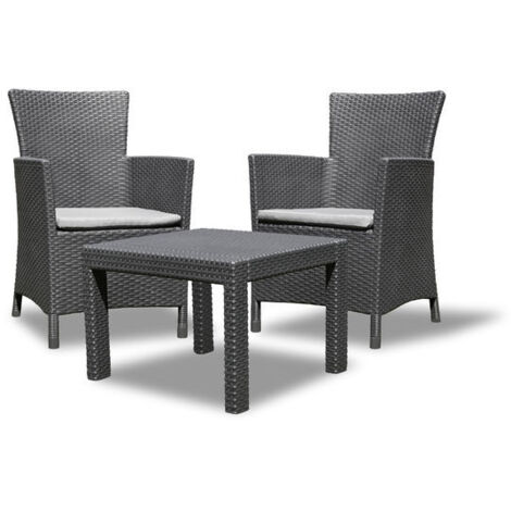 Keter Lounge Set Rosario Balcony 2x Sessel und 1x Tisch, Rattanoptik, Kunststoff, graphit inkl. Sitzkissen, perfekt für Balkon, Terrasse oder Garten, wetterfest und UV-beständig (1/2)