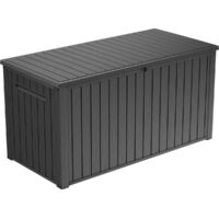 Keter Southwood Gartenbox 643L – Wetterfeste Auflagenbox mit Gasdruckfeder, abschließbar, Kunststoff in Holzoptik, grau, 146x74x70 cm