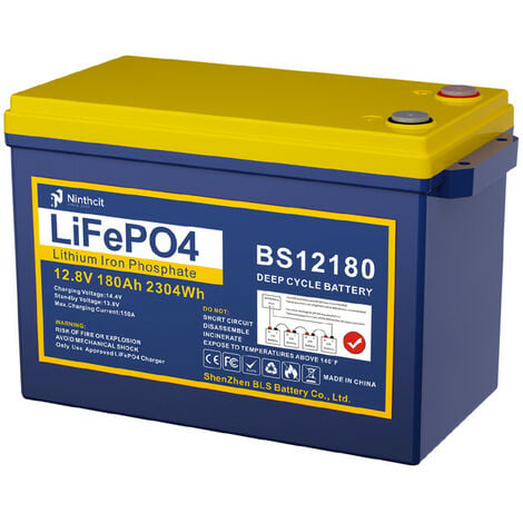 Batterie au lithium Deep Cycle - 12 V - 180 Ah - Rechargeable - Lithium Marine Phosphate LiFePO4 - Batterie de rechange solaire BMS pour chariot de golf, camping, bateau, voiture
