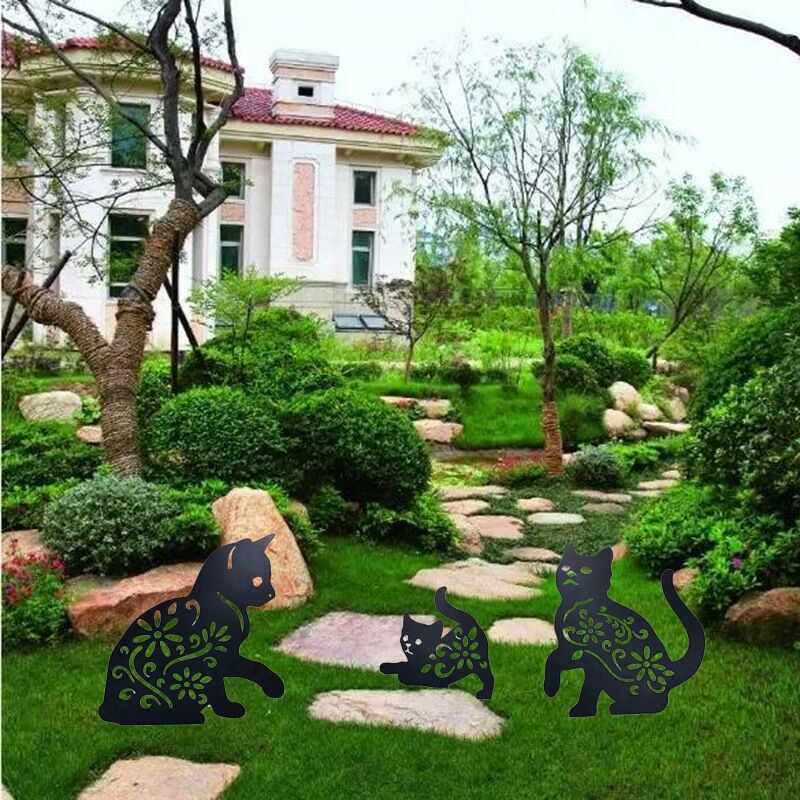 Décoration de jardin de chat en métal - 3 pcs - piquets de jardin en fer  forgé pour décor extérieur élégant