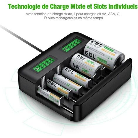 8 Emplacements Rapide LED Chargeur de Piles Universel,Chargeur Piles pour AA/AAA/C/D NI-MH NI-CD Piles Rechargeables avec Port USB