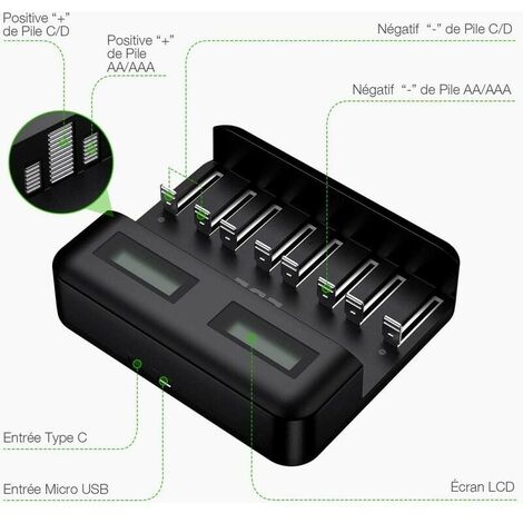 8 Emplacements Rapide LED Chargeur de Piles Universel,Chargeur Piles pour AA/AAA/C/D NI-MH NI-CD Piles Rechargeables avec Port USB