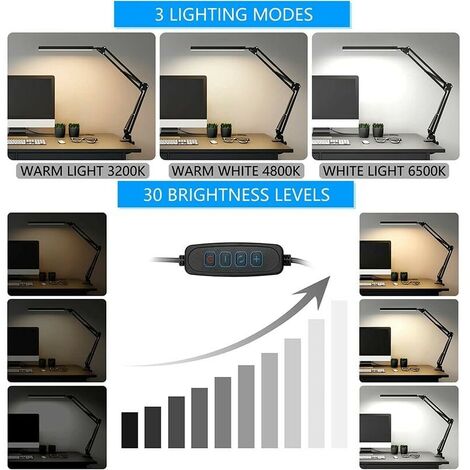 Lampe de Bureau LED Puissante avec clip - Protection des yeux Lampe LED - 3 modes d'éclairage x 10 niveaux de luminosité - Noir [Classe énergétique F]