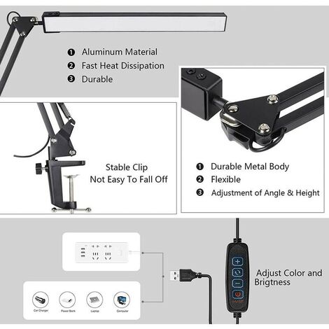 Lampe de Bureau LED Puissante avec clip - Protection des yeux Lampe LED - 3 modes d'éclairage x 10 niveaux de luminosité - Noir [Classe énergétique F]