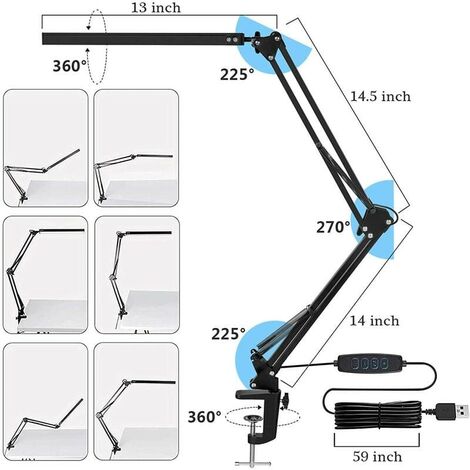 Lampe de Bureau LED Puissante avec clip - Protection des yeux Lampe LED - 3 modes d'éclairage x 10 niveaux de luminosité - Noir [Classe énergétique F]