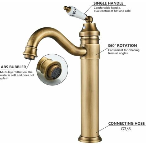 Mitigeur de lavabo en laiton avec bec haut pivotant à 360°, réglable pour eau chaude et froide, idéal pour salle de bain