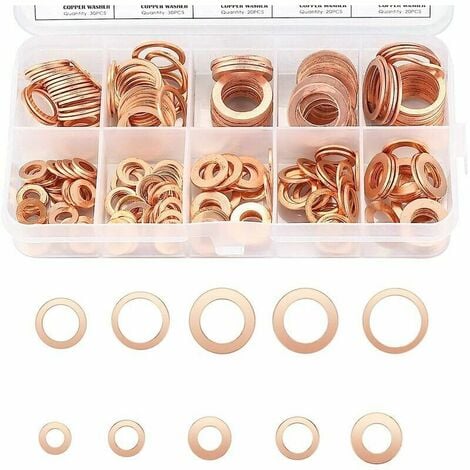Lot de Rondelles en Cuivre Métal - Joints Bagues d'Étanchéité - Rondelles Plates avec Boîte - Assortiment de 200 Pièces pour Étanchéité - Tailles M5 M6 M8 M10 M12 M14.