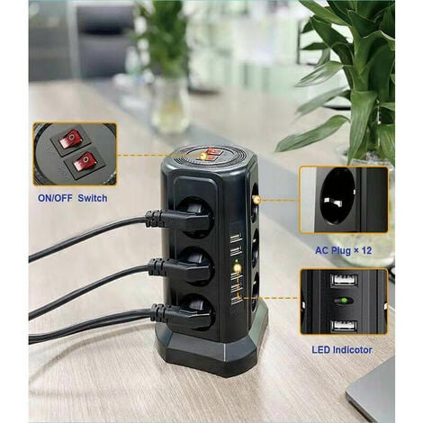 Multiprise Parafoudre et Surtension - Multiprise Électrique avec 5 Ports USB et 12 Prises, 3 Interrupteurs - Couleur Noir.