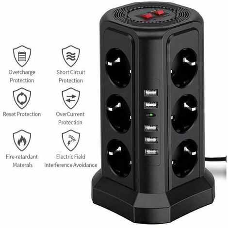 Multiprise Parafoudre et Surtension - Multiprise Électrique avec 5 Ports USB et 12 Prises, 3 Interrupteurs - Couleur Noir.
