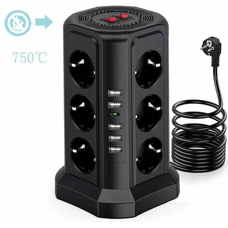 Multiprise Parafoudre et Surtension - Multiprise Électrique avec 5 Ports USB et 12 Prises, 3 Interrupteurs - Couleur Noir.