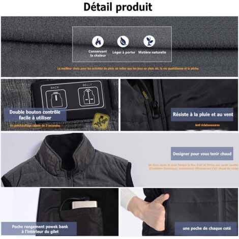Gilet Chauffant USB Homme/femme - 15 Zones De Chaleur, 3 Températures, Lavable - Pour Randonnée, Ski, Pêche, Camping - 8