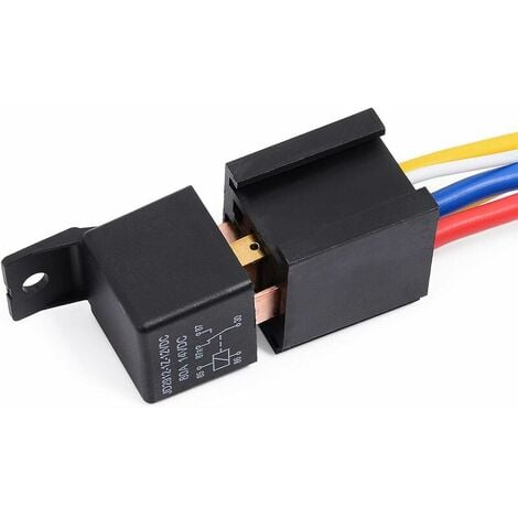 Relais 12V 80A à 5 Broches pour Voitures et Camions - Commutateur Lourd On/Off Normalement Ouvert - Inclus Prise pour Relais - 5 Fils - Adapté à l'Automobile