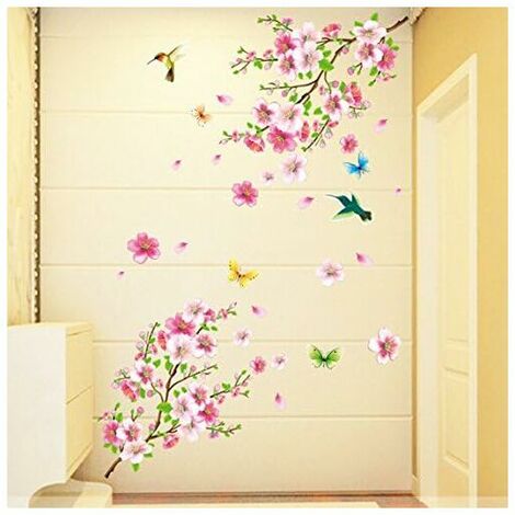 Sticker Mural XXL avec Motif Fleur de Pêcher, Fleurs, Oiseau, Papillon -  Idéal pour Décoration Murale dans
