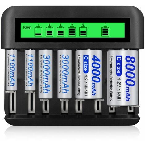 8 Emplacements Rapide LED Chargeur de Piles Universel,Chargeur Piles pour AA/AAA/C/D NI-MH NI-CD Piles Rechargeables avec Port USB