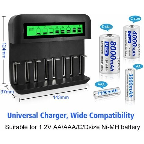 8 Emplacements Rapide LED Chargeur de Piles Universel,Chargeur Piles pour AA/AAA/C/D NI-MH NI-CD Piles Rechargeables avec Port USB