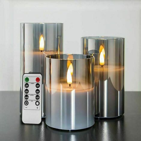 KZQ Bougies scintillantes sans flamme en verre gris argenté avec  télécommande, paquet de 3 fausses bougies LED réalistes 3 H 4 5 6 LKBD