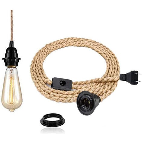 Vintage Lustre corde chanvre de 4,5 mètres - Rétro Douille E27 avec Interrupteur Lampe Suspension Corde
