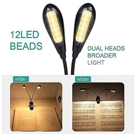 Lampe de lecture/pupitre de musique rechargeable à 12 LED, lampe de lecture à clipser dans le lit, double protection des yeux