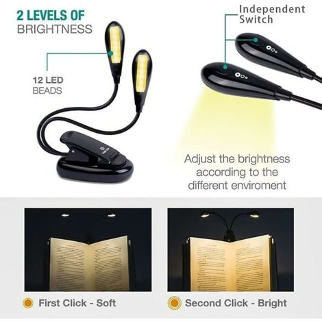 Lampe de lecture/pupitre de musique rechargeable à 12 LED, lampe de lecture à clipser dans le lit, double protection des yeux