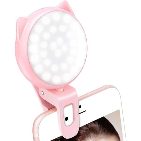 Clip selfie sur anneau lumineux, mini lampe circulaire rechargeable à 9 niveaux de luminosité réglable avec 32 LED, 8 heures maximum, lampe flash photo USB pour téléphone portable iPhone/Android, ordi