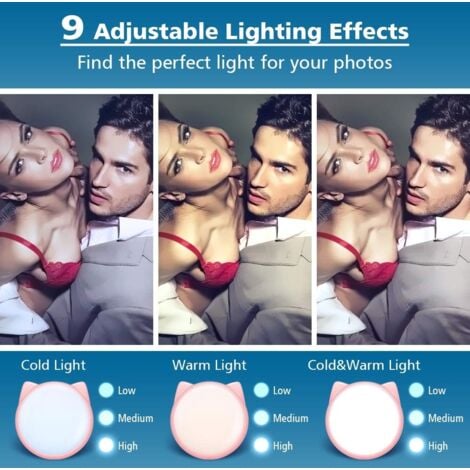 Clip selfie sur anneau lumineux, mini lampe circulaire rechargeable à 9 niveaux de luminosité réglable avec 32 LED, 8 heures maximum, lampe flash photo USB pour téléphone portable iPhone/Android, ordi