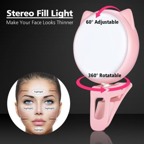 Clip selfie sur anneau lumineux, mini lampe circulaire rechargeable à 9 niveaux de luminosité réglable avec 32 LED, 8 heures maximum, lampe flash photo USB pour téléphone portable iPhone/Android, ordi