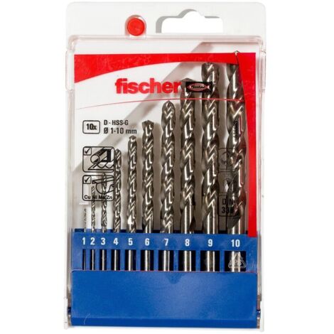 Fischer Set 10 Punte Trapano per Metallo, Professionali in Acciaio HSS-G, Diametro 1-2-3-4-5-6-7-8-9-10 mm, Attacco Cilindrico, per Acciaio, Lamiera, Ferro, Ghisa, Alluminio, 536603 (1/4)