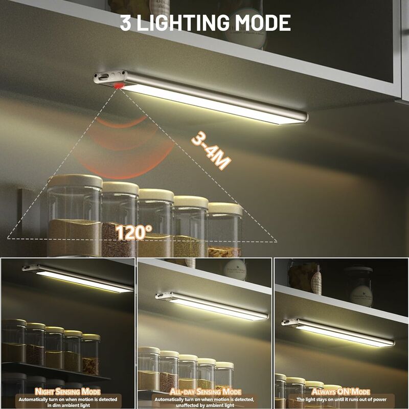 Accwork 54CM Reglette LED Cuisine Rechargeable sans Fil - 3000mAh & 208LM,  3 Couleurs Eclairage 3000-6500K, Lumiere Détecteur de Mouvement Intérieur,  Veilleuse pour Placard, Couloir, Escalier : : Luminaires et  Éclairage