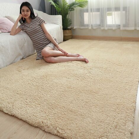 Tapis de salon en fourrure 140 x 200 cm beige tapis de chevet pour salon  chambre canapé
