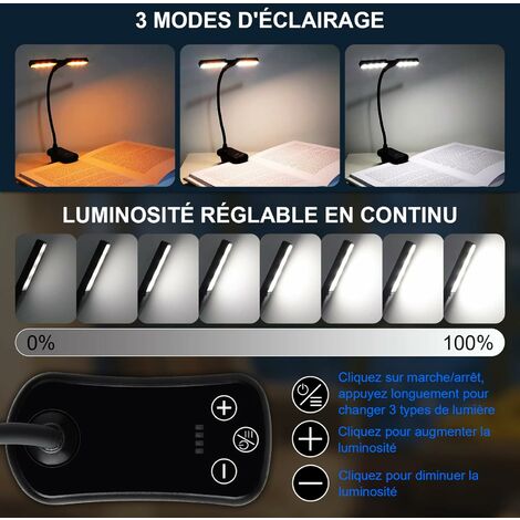 Lampe de Lecture, 9 LEDs Liseuse Lampe Clip USB Rechargeable, 360°Cou  Flexible, 3 Température de Couleur(Blanc/Chaud/Blanc Chaud), Mini Veilleuse  pour Lire au Lit,Enfant,Kindle,Voyage,Camping,- Lefou