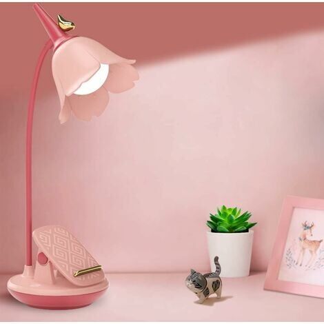 Lampe de bureau rose avec pince, petite lampe de bureau LED rechargeable,  col de cygne réglable