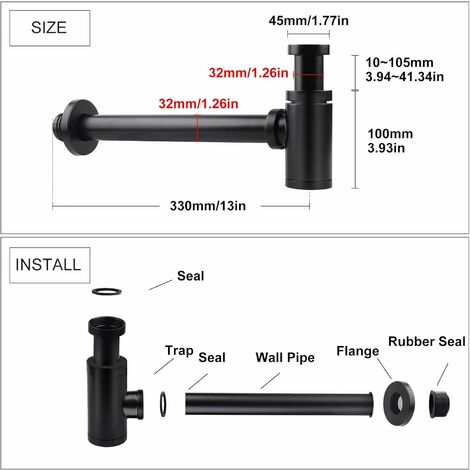 Siphon de lavabo noir réglable, sortie D.32mm, NF