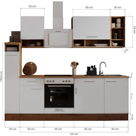 Cuisine Intégrée Vicco R-Line 240 Cm - Chêne Blanc Effet Haute Brillance - Neuve