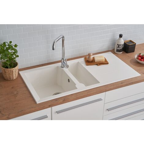 Respekta – Évier en granit composite 1,5 bac 100 x 50 cm – Couleur blanche – Résistance à la chaleur 250°C – Montage alterné pour meuble bas 60 cm