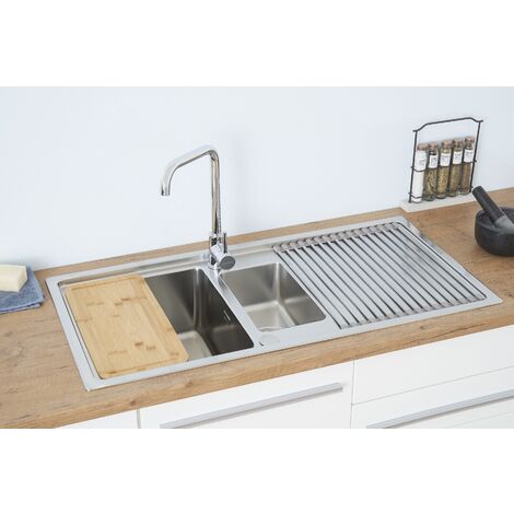 Respekta – Évier en acier inoxydable 1,5 bac encastrable réversible – 2 trous de robinet – Dimensions 100 x 50 cm – Épaisseur acier 1 mm – Garniture d'écoulement incluse