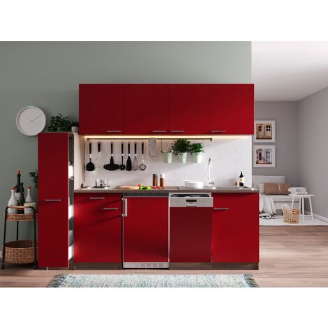 Cuisine complète d'angle 260cm 6 meubles, façade laquée Rouge