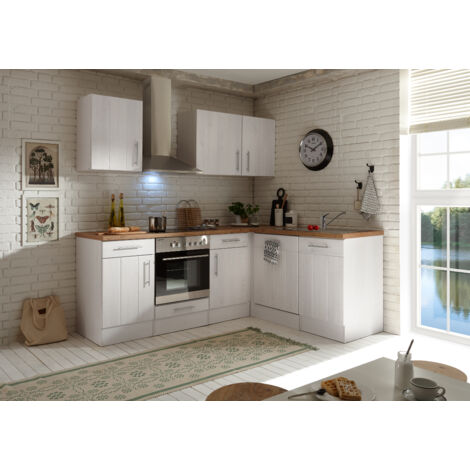 Respekta – Cuisine d'angle Landhaus mélèze blanc 220 x 172 cm – Hauteur de travail 91 cm – Four encastré A – Lave-vaisselle 6 programmes – Évier inox 860 x 435 mm (1/4)