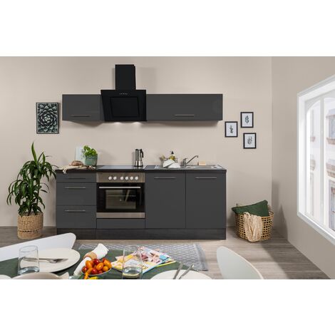 Kitchenette 140 cm Chêne, plan de travail monobloc évier à gauche Nero