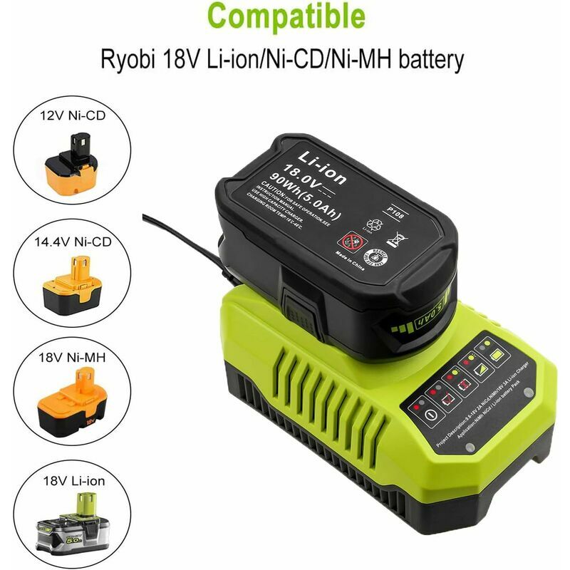 Ulisem BCL14181H Remplacement Chargeur de Batterie pour Ryobi 18V 9.6V 12V  14.4V 18V NI-CD Ni-MH et Chargeur de Batterie Li-Ion pour un + Batterie  P100 P102 P103 P105 P107 P108