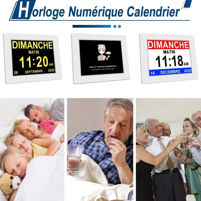 Horloge Numérique 8 Pouces LEMNOI - Affichage Date/Heure/Jour Avec Alarme - Pour Personnes Âgées Et Alzheimer