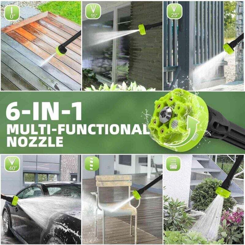 Nettoyeur Haute Pression à Batterie 120 Bar - 2 Piles - Pulvérisateur Mousse 6-en-1 - 5M Tuyau - Voiture & Maison