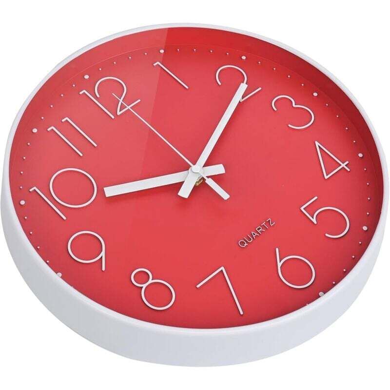 Horloge Murale Silencieuse Quartz 30cm Design Moderne 3D Multicolore - Ronde Pour Chambre, Salon, Cuisine (Rouge, 12 Inch)